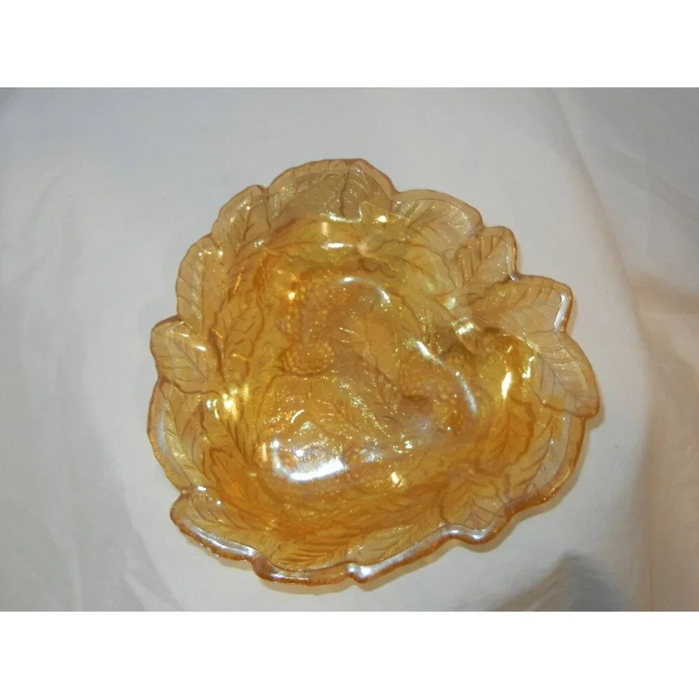 Loganberry Leaf Indiana Carnival Glass Amber Candy Dish pattern 606‎ trinket